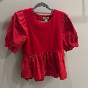Anthropology Red Puff Sleeve Blouse